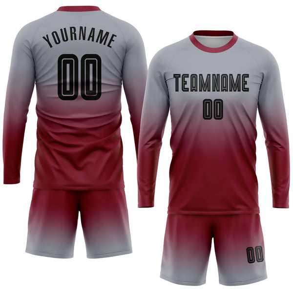 Custom Gray Black-Crimson Sublimation Long Sleeve Fade Fashion Soccer Uniform Jersey