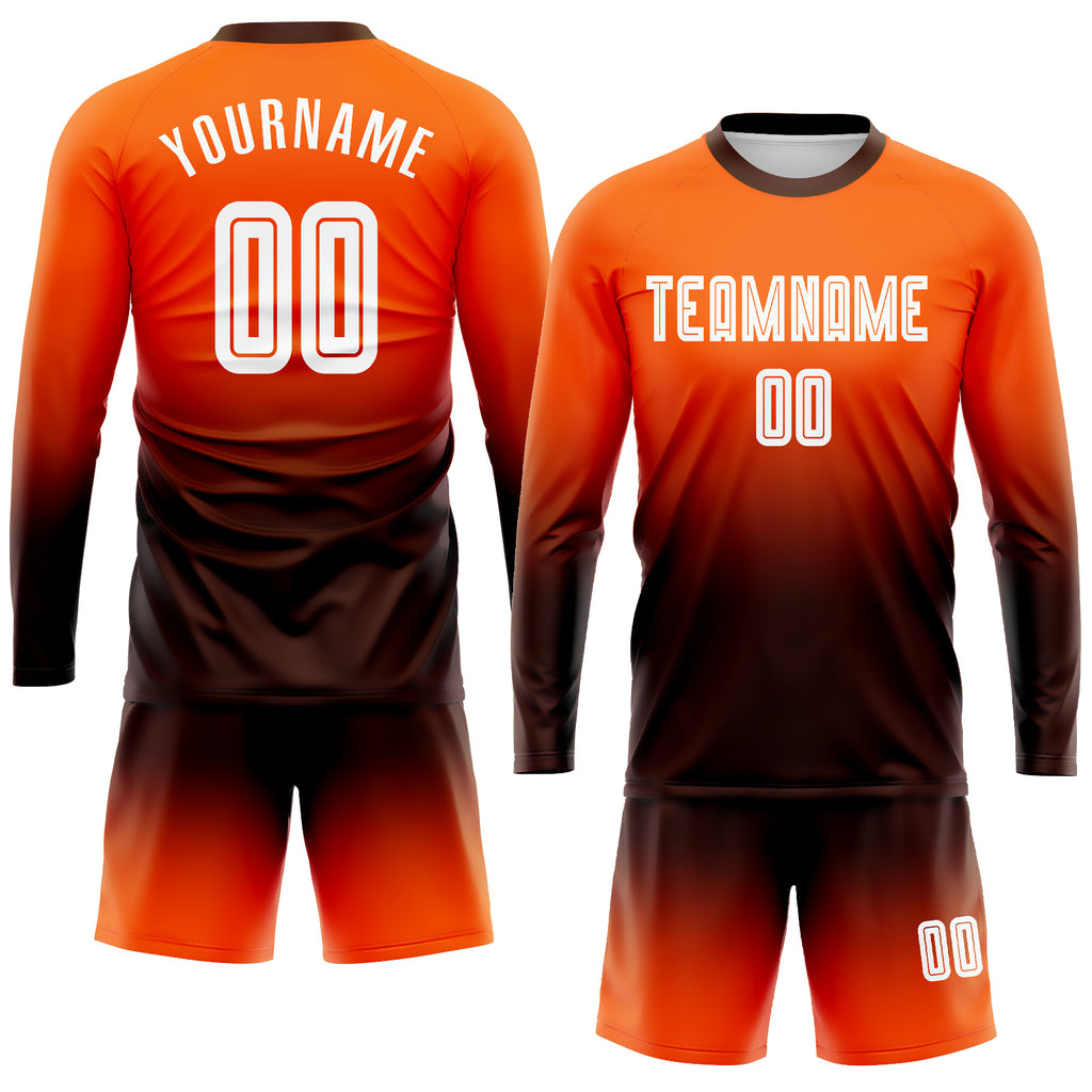 Custom Gold Brown Sublimation Long Sleeve Fade Fashion Soccer Uniform Jersey  Discount