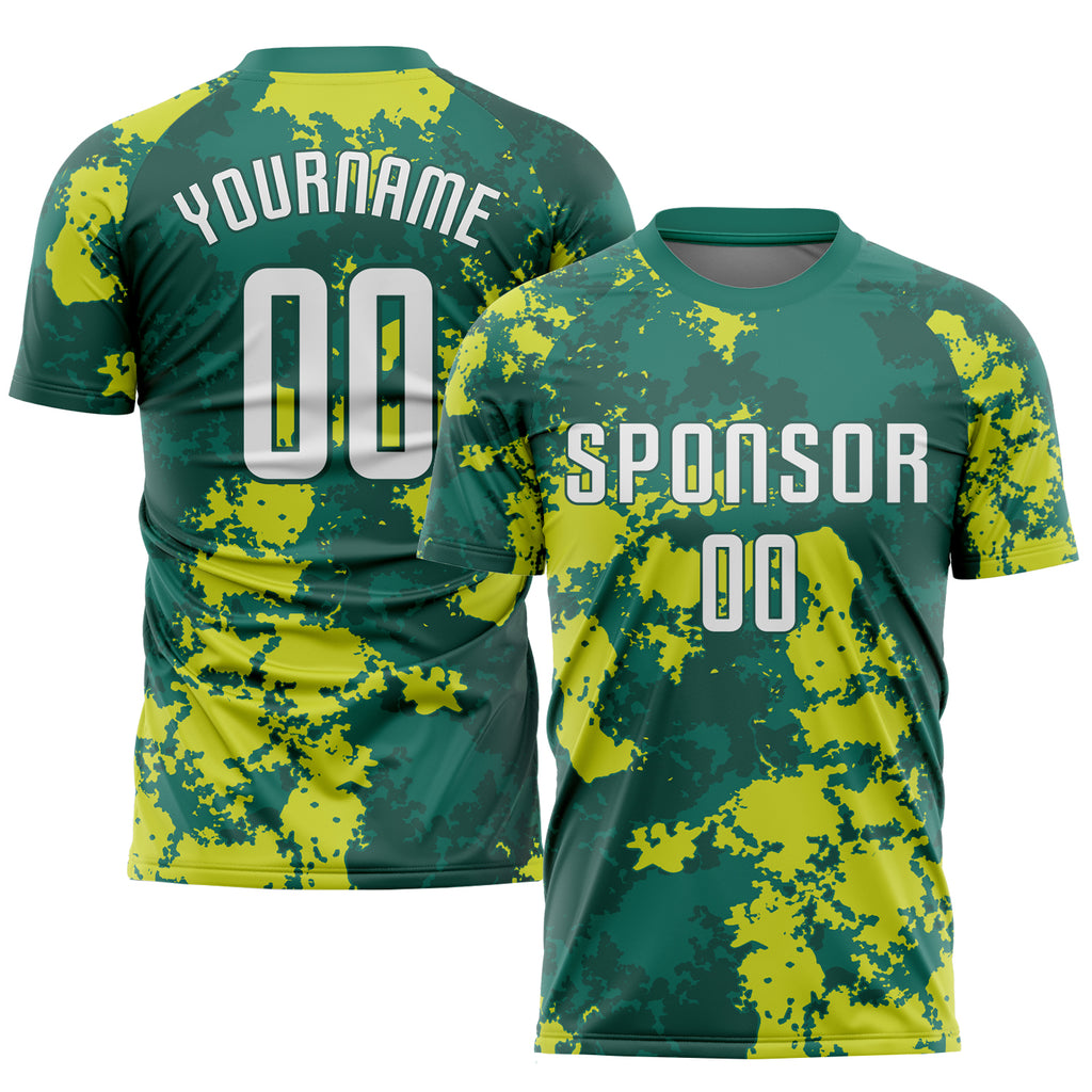 Custom Kelly Green White-Neon Green Sublimation Soccer Uniform Jersey