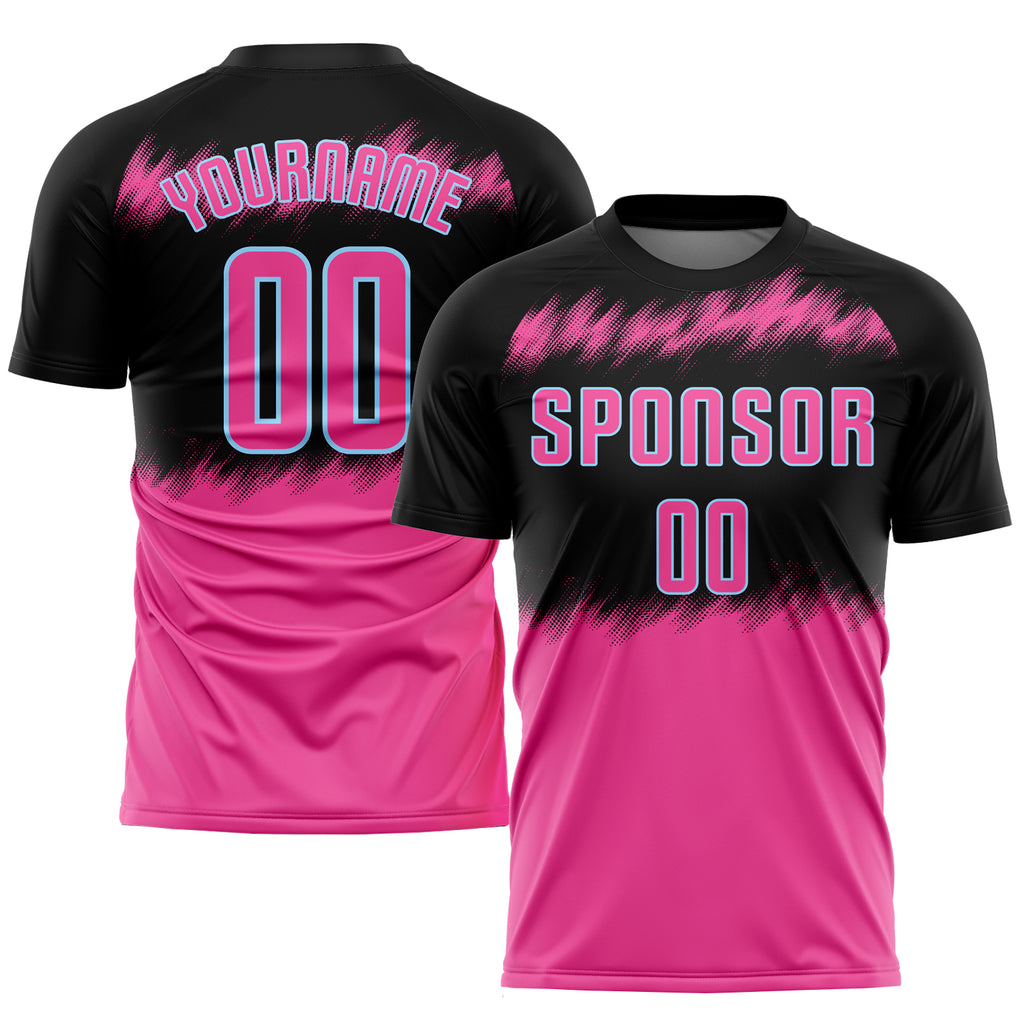 Custom Black Pink-Light Blue Sublimation Soccer Uniform Jersey