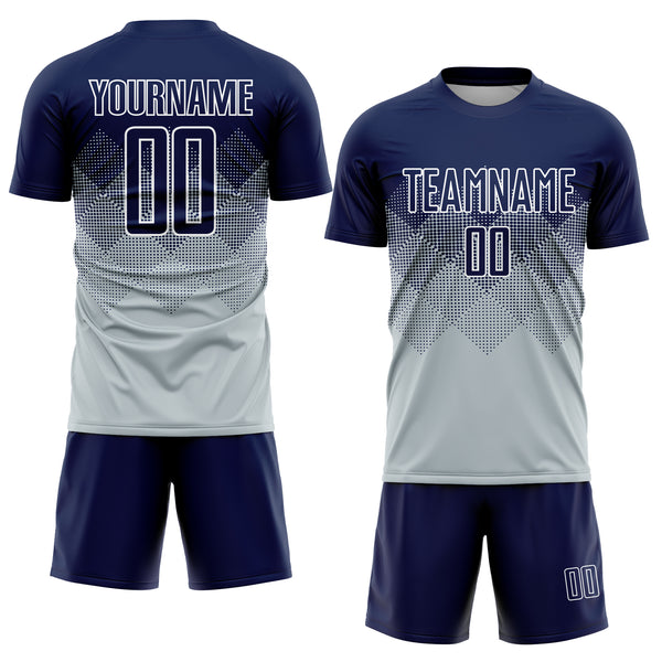 Custom Silver Navy-White Sublimation Soccer Uniform Jersey