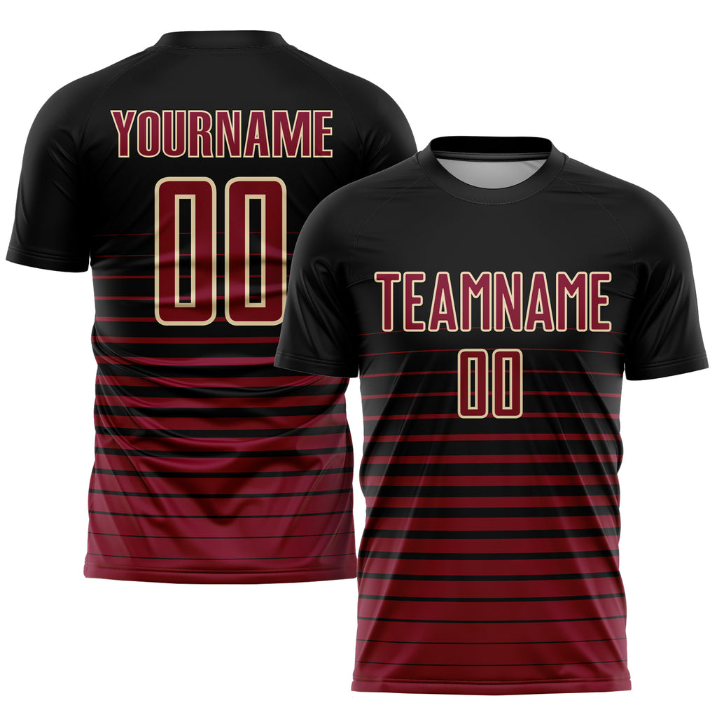 Custom Black Maroon-Cream Pinstripe Fade Fashion Sublimation Soccer Uniform Jersey