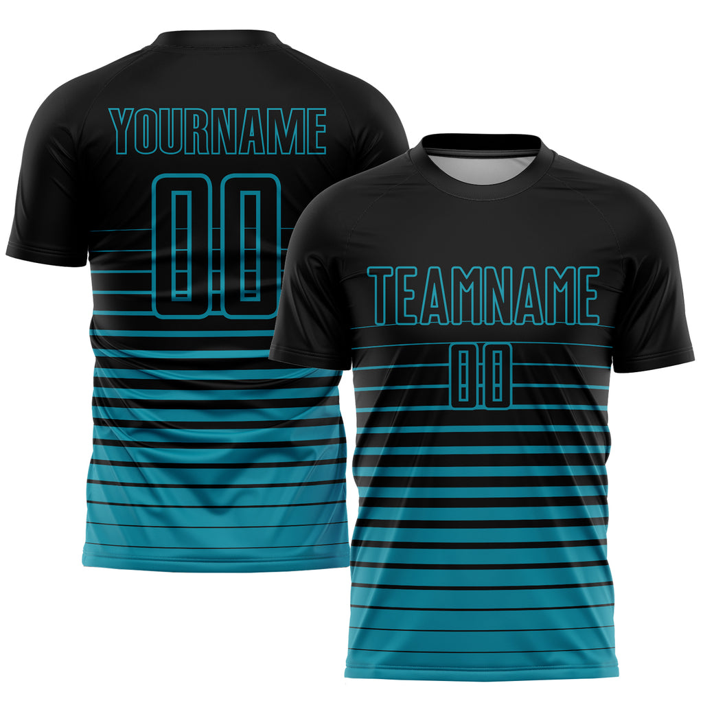 Custom Black Teal Pinstripe Fade Fashion Sublimation Soccer Uniform Jersey