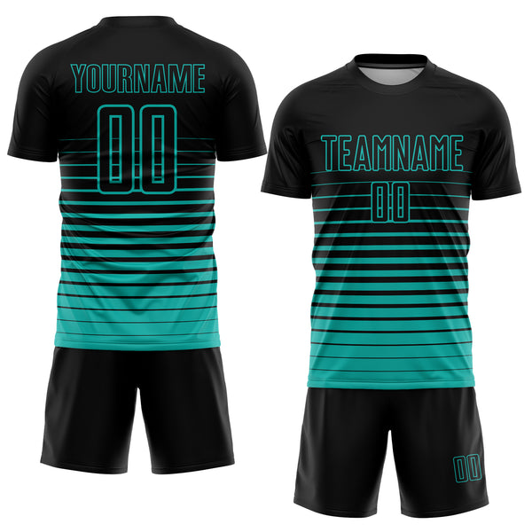 Custom Black Aqua Pinstripe Fade Fashion Sublimation Soccer Uniform Jersey