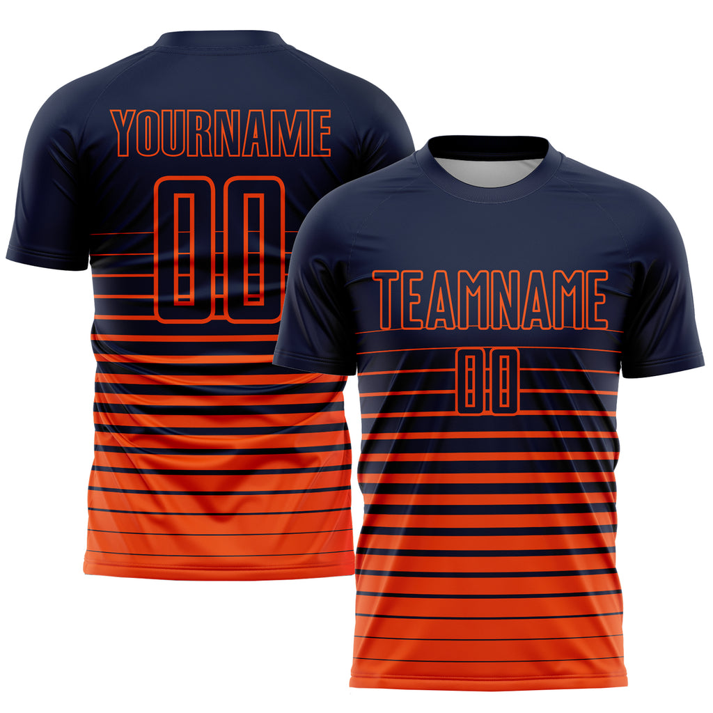 Custom Navy Orange Pinstripe Fade Fashion Sublimation Soccer Uniform Jersey