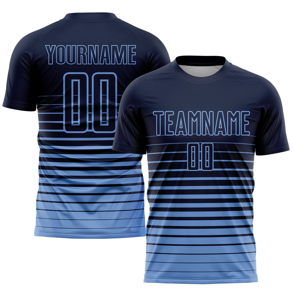 Custom Navy Light Blue Pinstripe Fade Fashion Sublimation Soccer Uniform Jersey