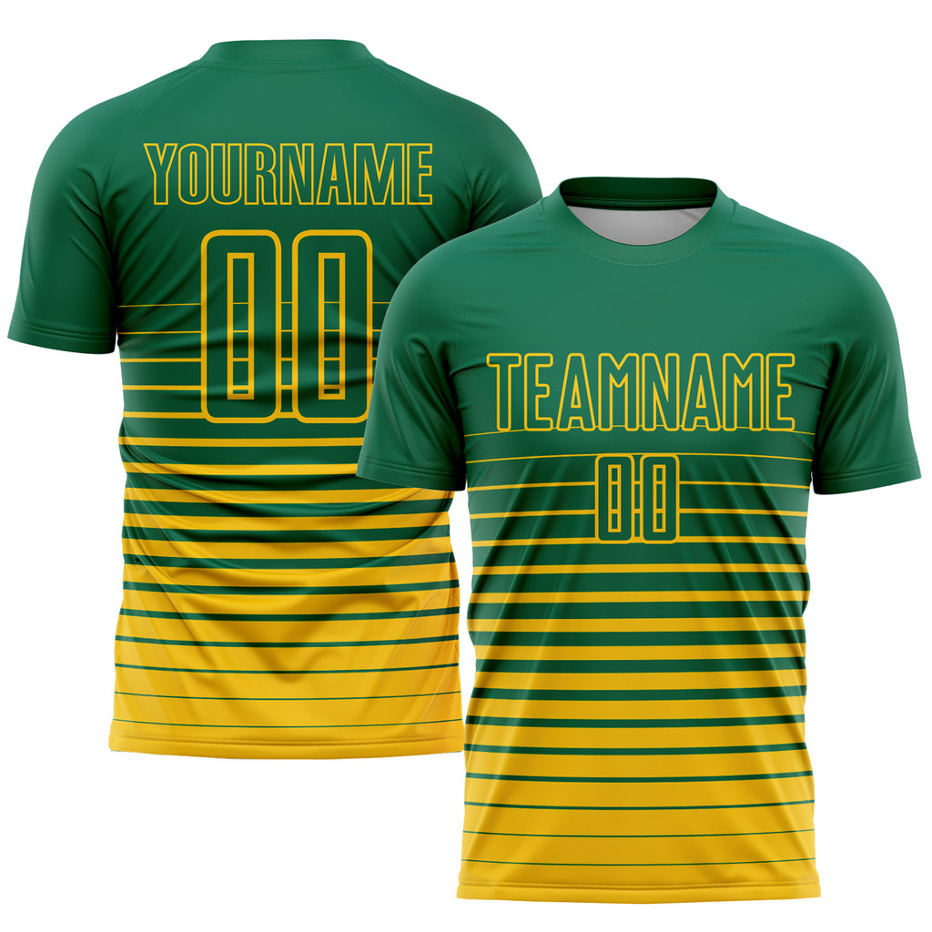 Custom Kelly Green Yellow Pinstripe Fade Fashion Sublimation Soccer Uniform Jersey