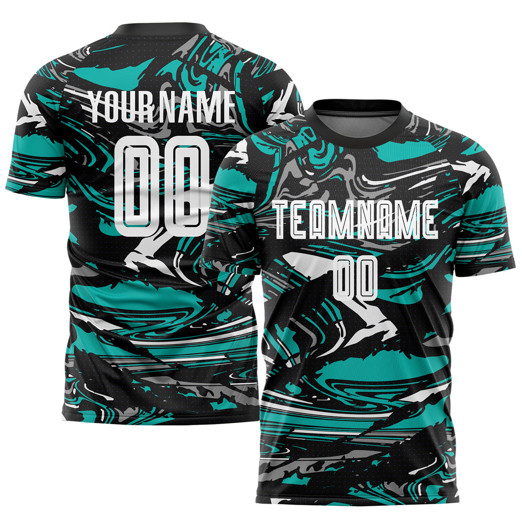 Custom Figure White-Aqua Sublimation Soccer Uniform Jersey