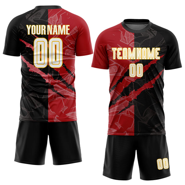 Custom Graffiti Pattern White Black Red-Yellow Scratch Sublimation Soccer Uniform Jersey