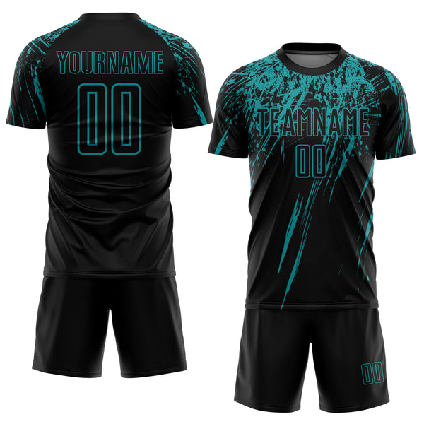 Custom Black Teal Sublimation Soccer Uniform Jersey