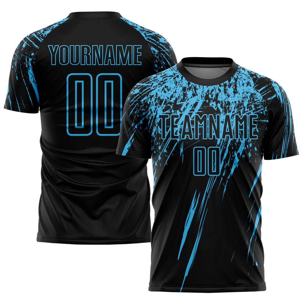 Custom Black Sky Blue Sublimation Soccer Uniform Jersey