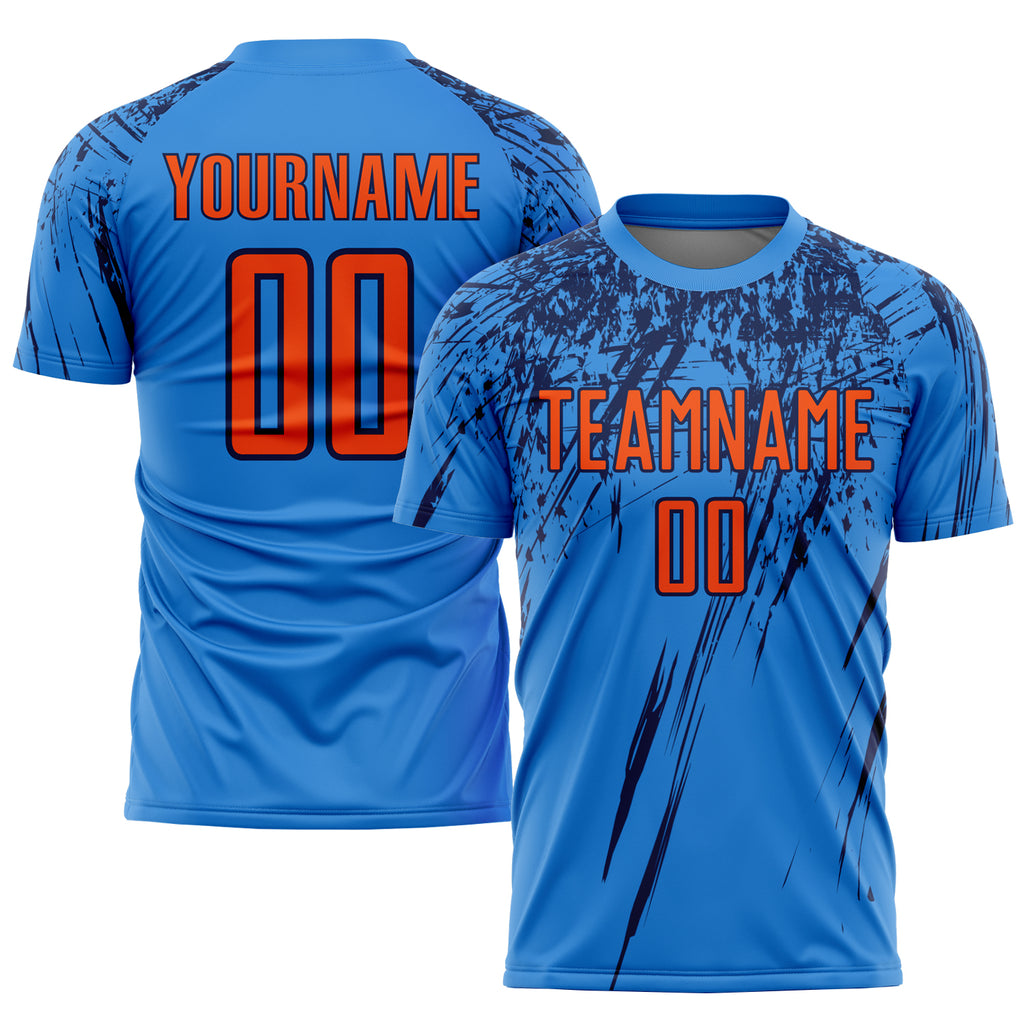 Custom Electric Blue Orange-Navy Sublimation Soccer Uniform Jersey