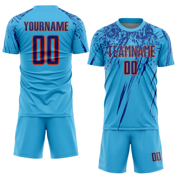 Custom Sky Blue Royal-Orange Sublimation Soccer Uniform Jersey