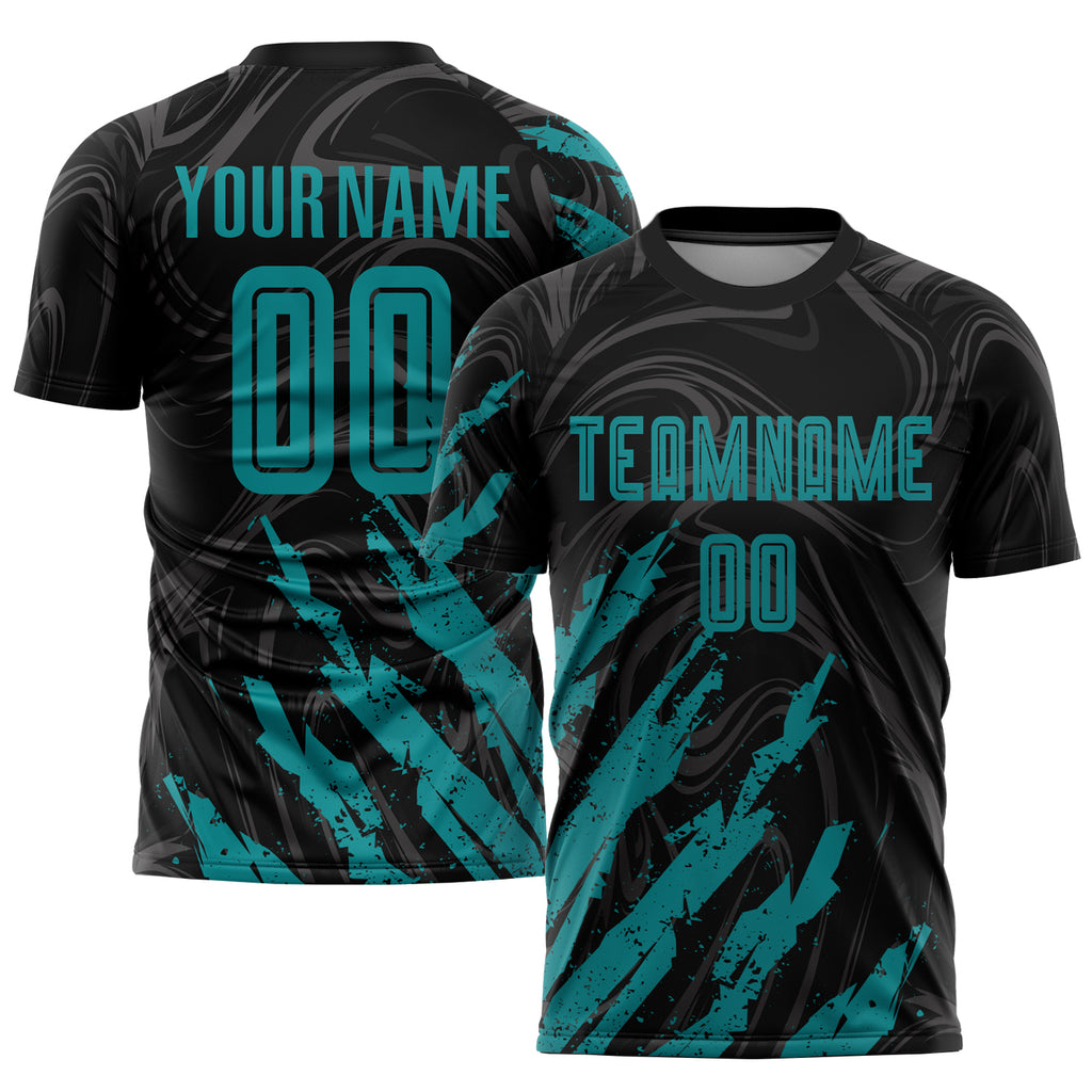 Custom Black Teal Sublimation Soccer Uniform Jersey