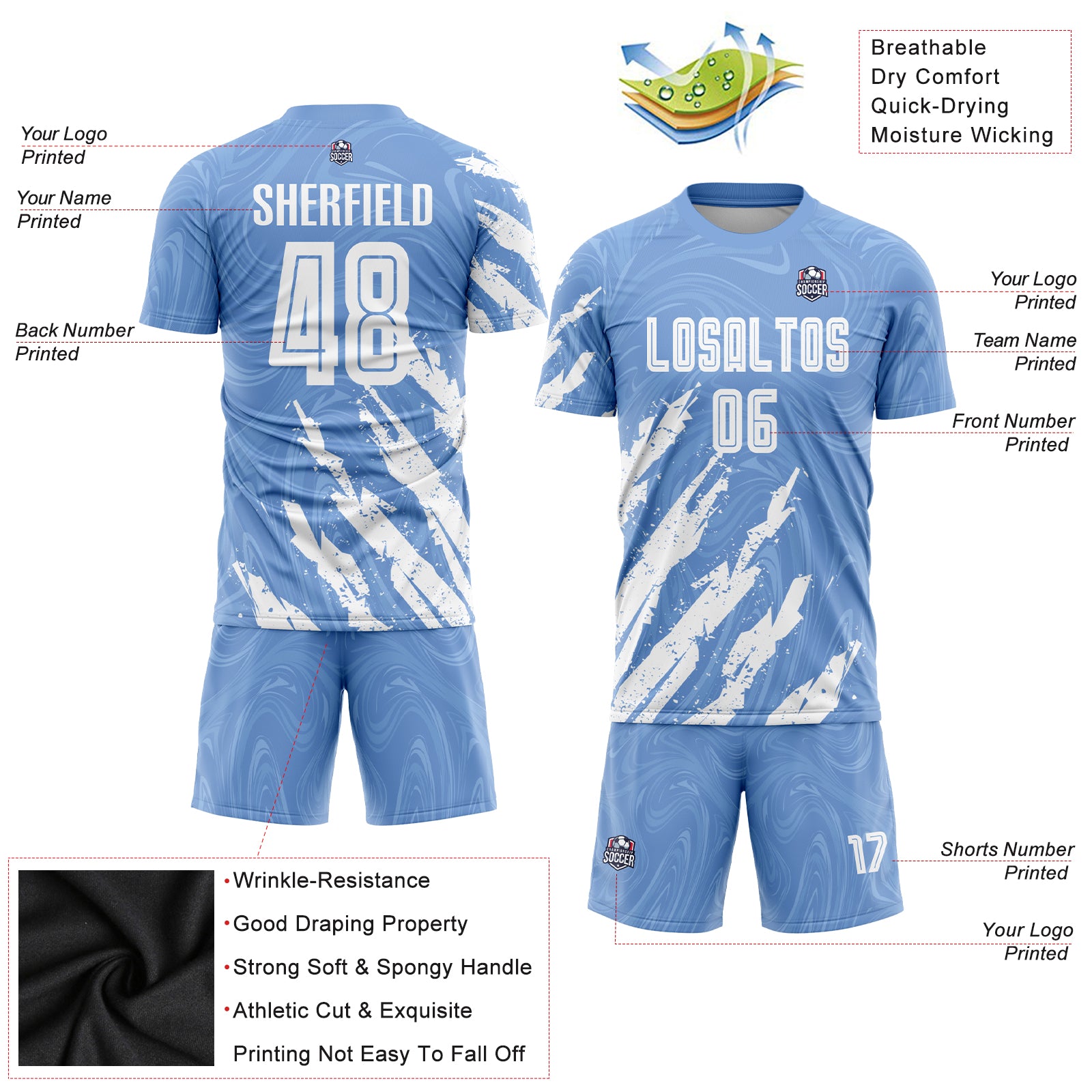 Custom Light Blue White Sublimation Soccer Uniform Jersey