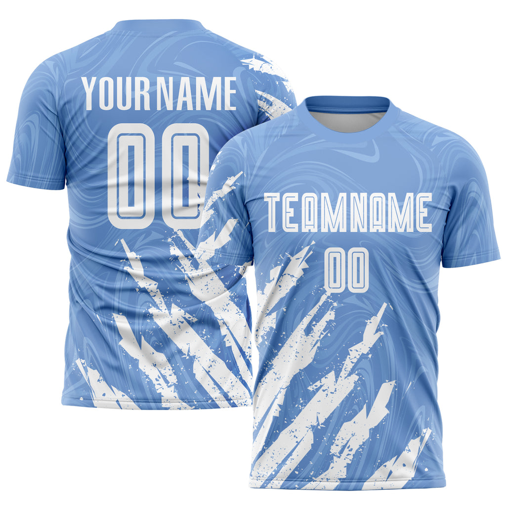 Custom Light Blue White Sublimation Soccer Uniform Jersey