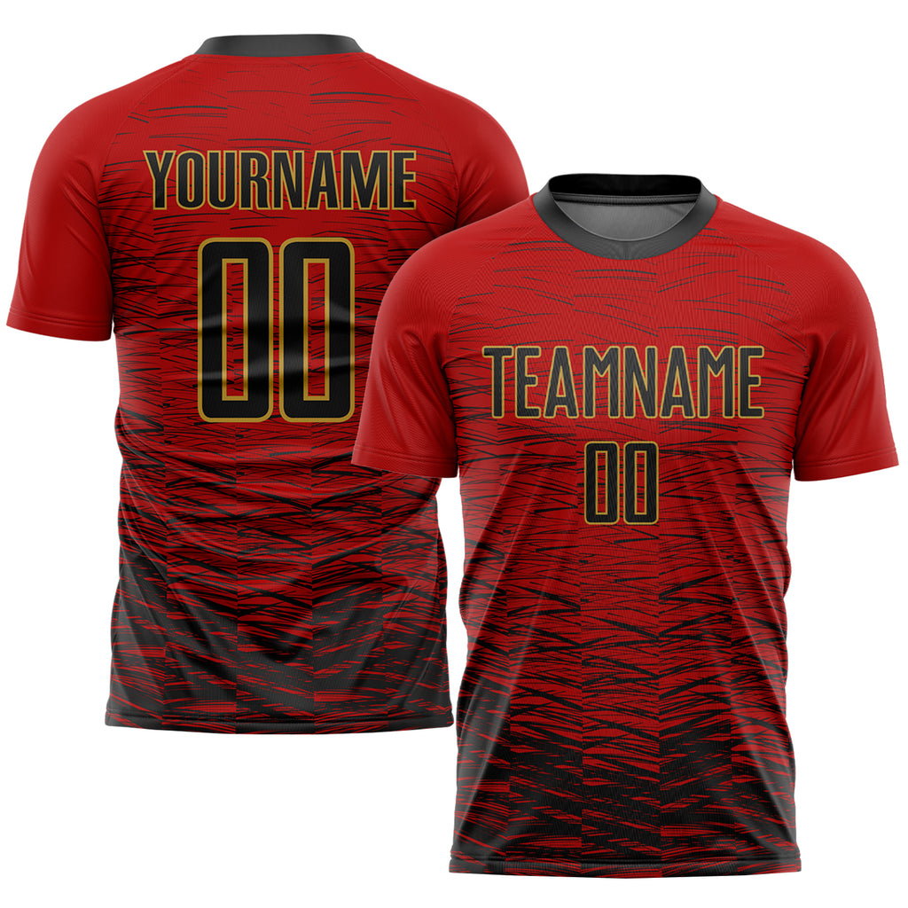 Custom Red Black-Old Gold Sublimation Soccer Uniform Jersey