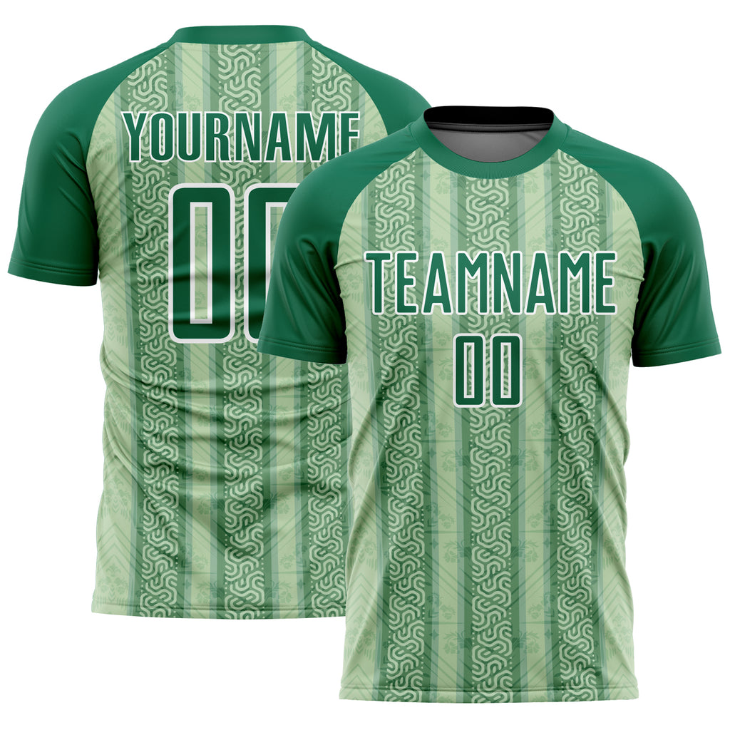 Custom Kelly Green Pea Green-White Ethnic Stripes Sublimation Soccer Uniform Jersey