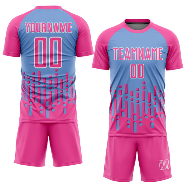 Custom Pink Light Blue-White Abstract Fluid Wave Sublimation Soccer Uniform Jersey