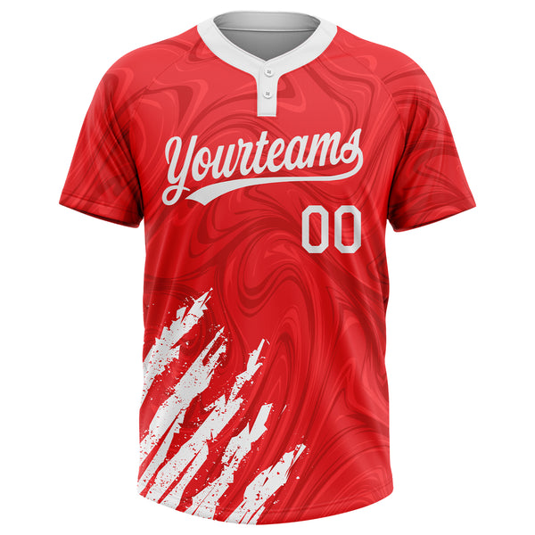 Custom Red White Two-Button 3D Pattern Unisex Softball Jersey