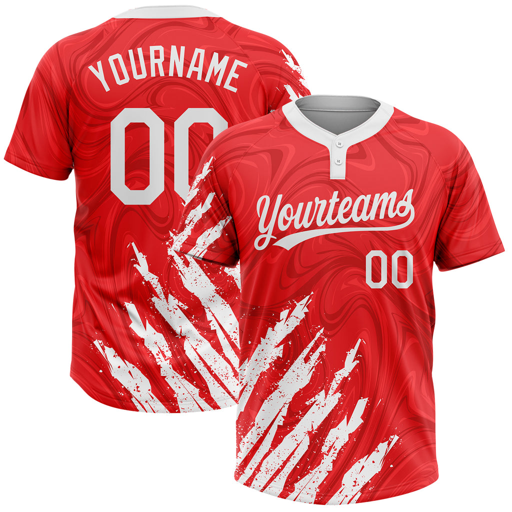 Custom Red White Two-Button 3D Pattern Unisex Softball Jersey