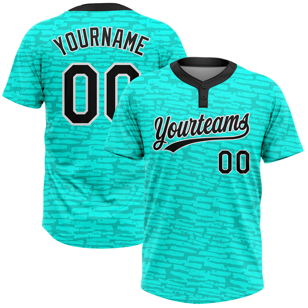 Custom Teal Black-White 3D Pattern Two-Button Unisex Softball Jersey