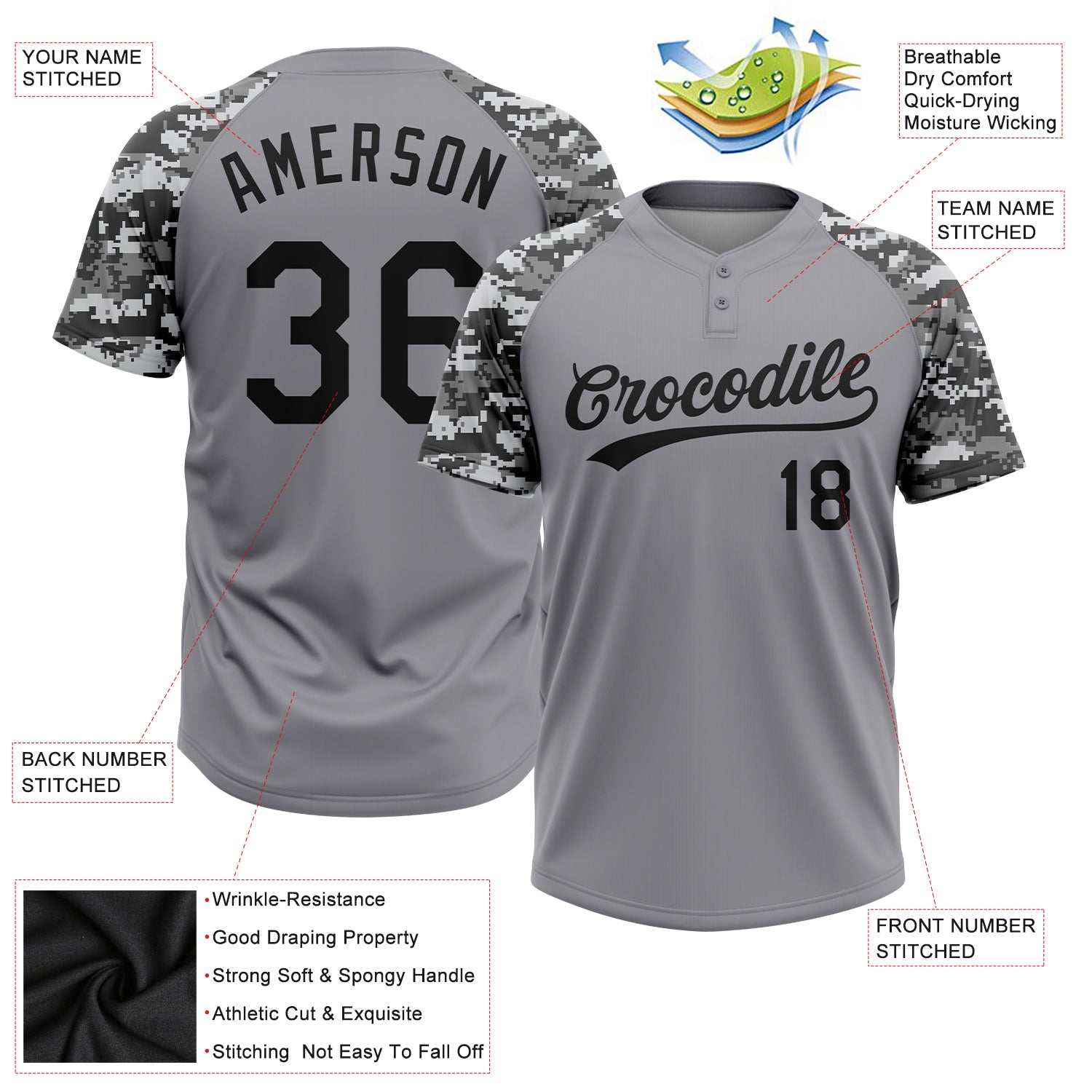 Custom Gray Black-Camo Two-Button Softball Jersey Free Shipping