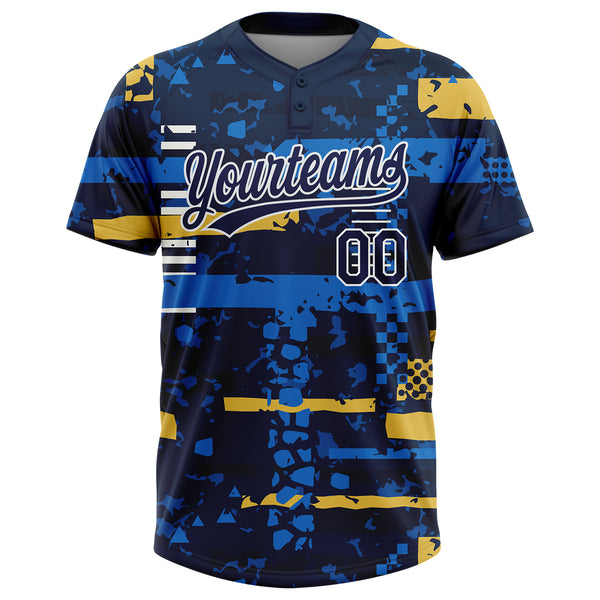 Custom Navy Navy Royal-Gold 3D Pattern Two-Button Unisex Softball Jersey