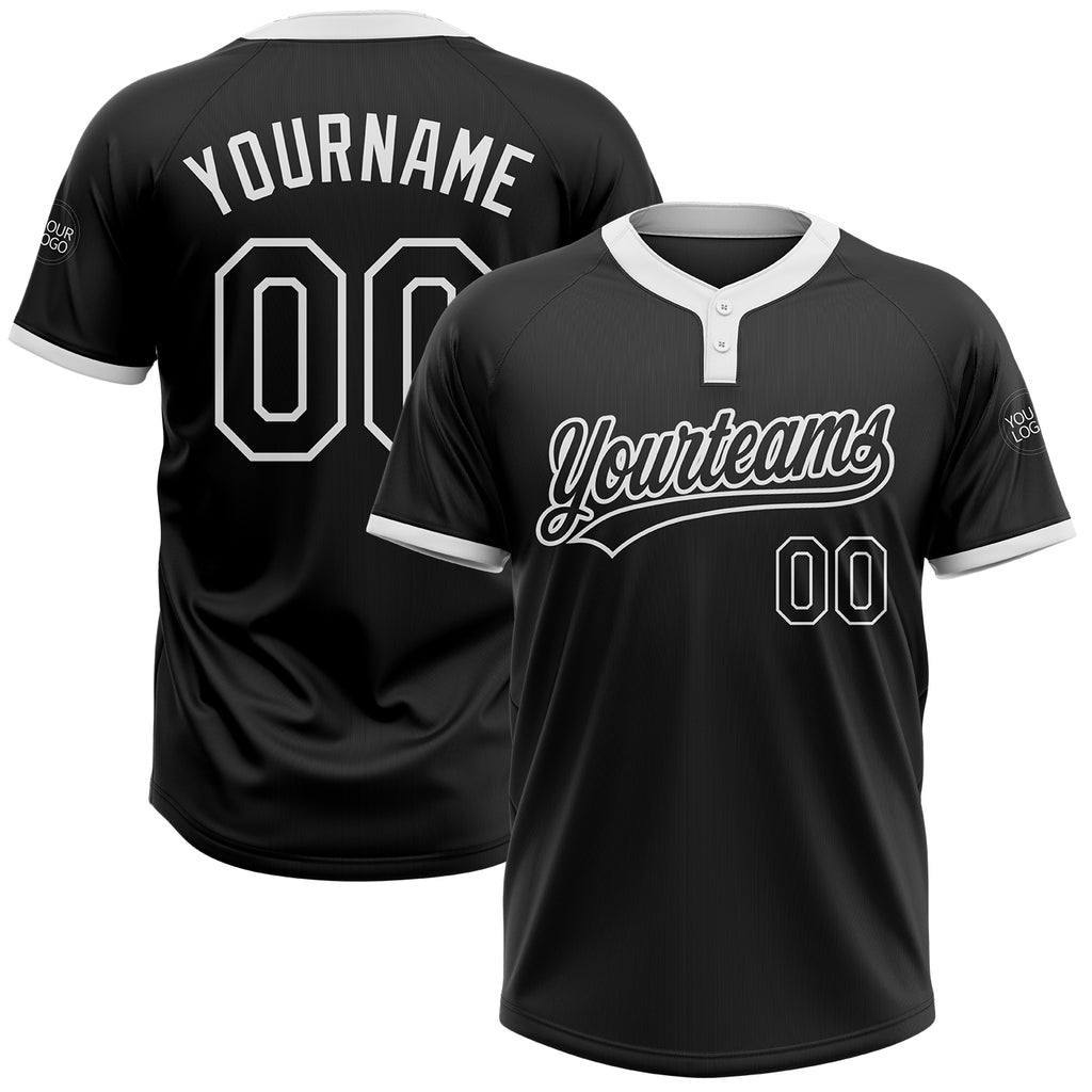 Custom Black Black-White Two-Button Unisex Softball Jersey