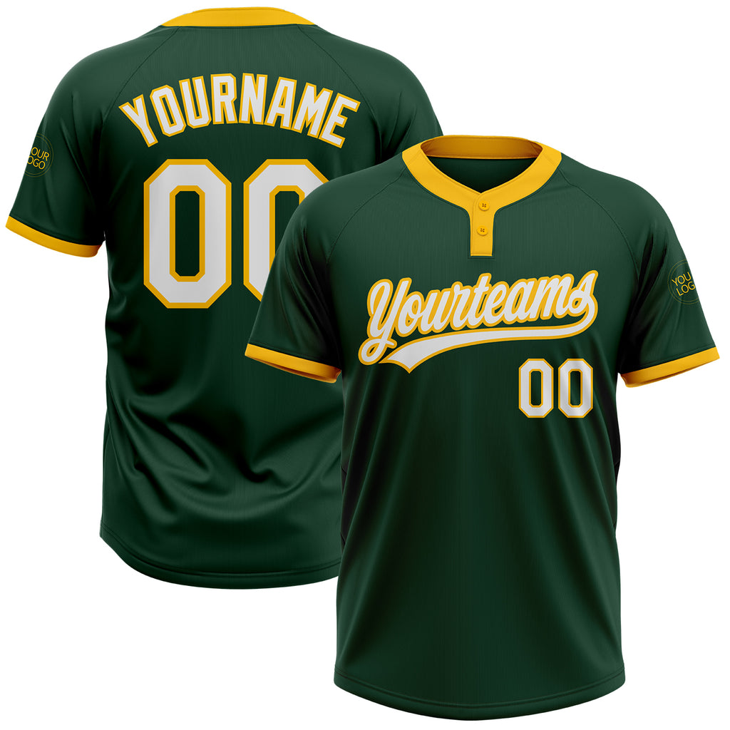 Custom Green White-Gold Two-Button Unisex Softball Jersey