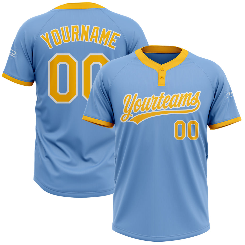 Custom Light Blue Gold-White Two-Button Unisex Softball Jersey