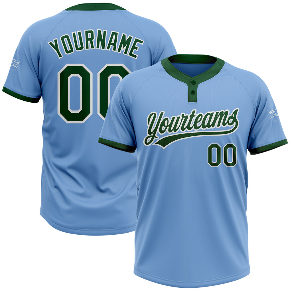 Custom Light Blue Green-White Two-Button Unisex Softball Jersey