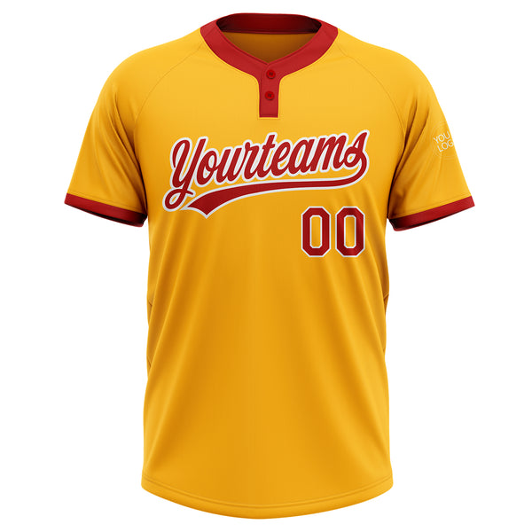 Custom Gold Red-White Two-Button Unisex Softball Jersey