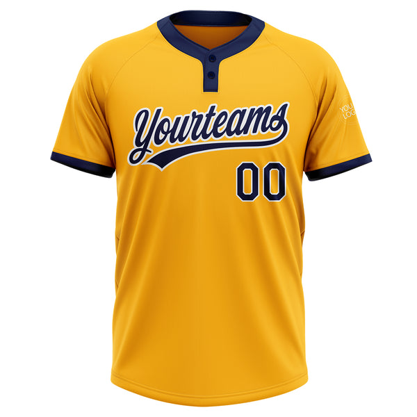 Custom Gold Navy-White Two-Button Unisex Softball Jersey