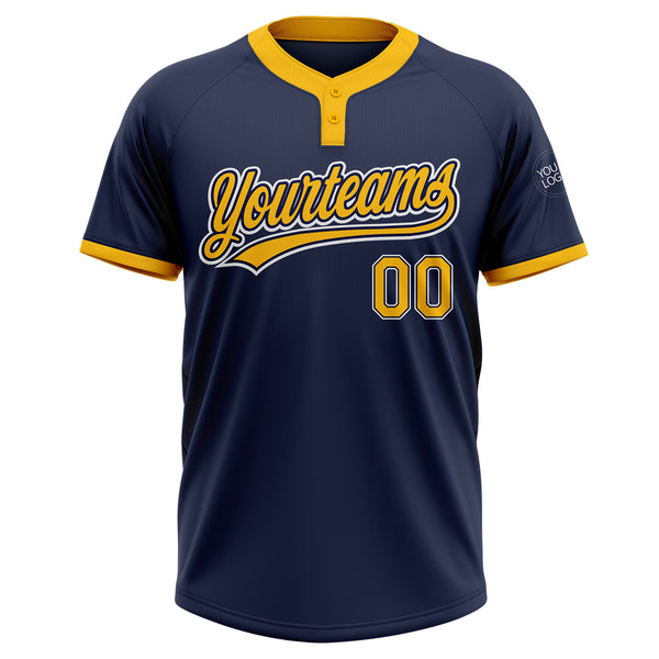 Custom Navy Gold-White Two-Button Unisex Softball Jersey