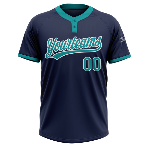 Custom Navy Teal-White Two-Button Unisex Softball Jersey