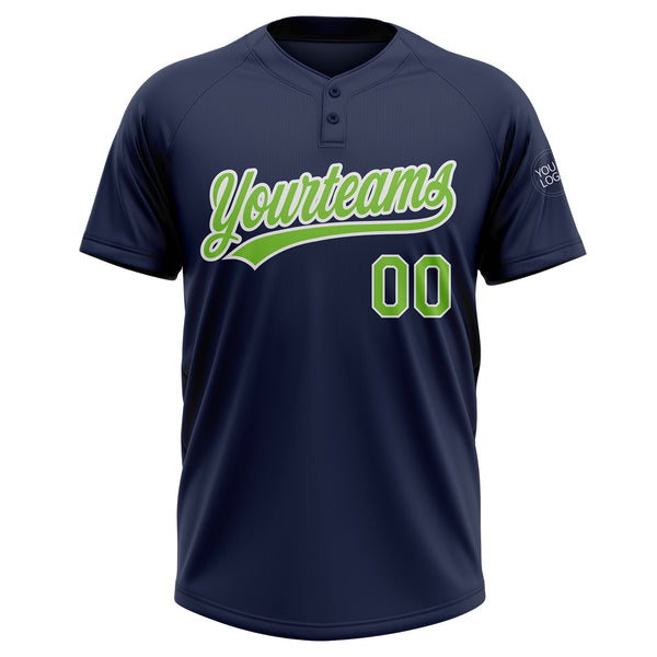 Custom Navy Neon Green-White Two-Button Unisex Softball Jersey