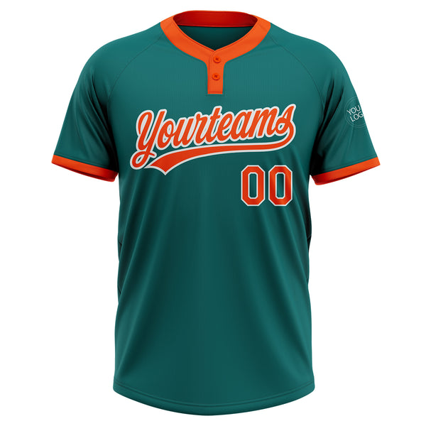 Custom Teal Orange-White Two-Button Unisex Softball Jersey