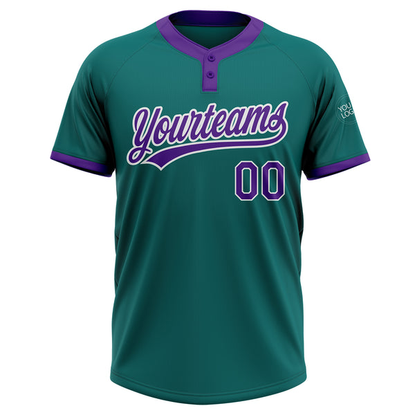 Custom Teal Purple-White Two-Button Unisex Softball Jersey