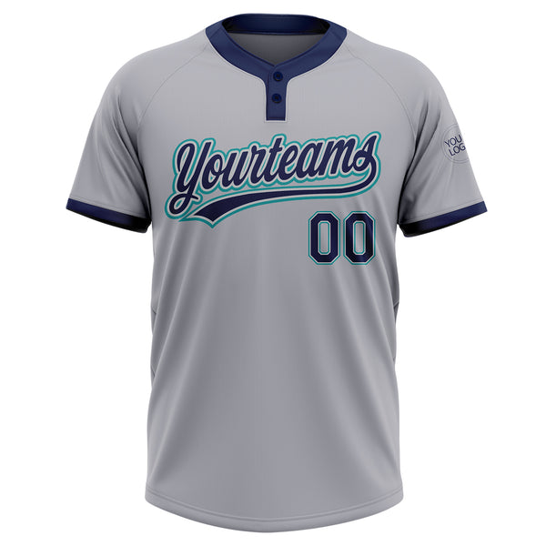 Custom Gray Navy-Teal Two-Button Unisex Softball Jersey