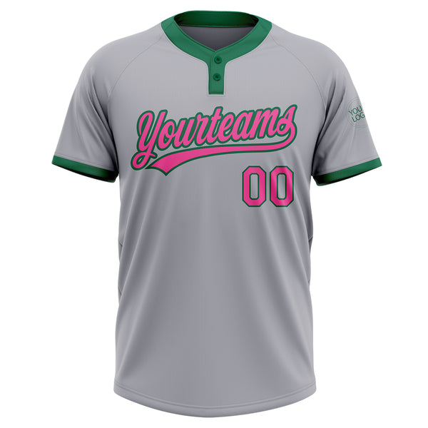 Custom Gray Pink-Kelly Green Two-Button Unisex Softball Jersey