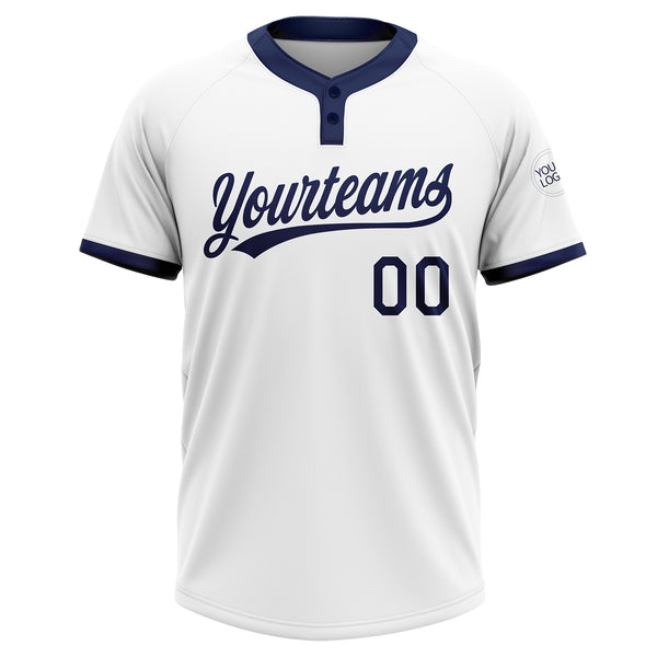 Custom White Navy Two-Button Unisex Softball Jersey