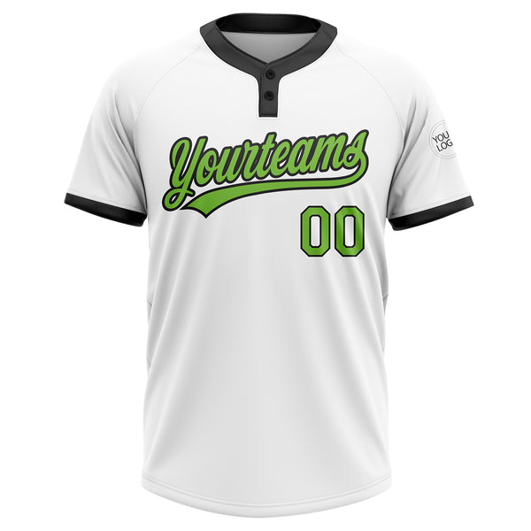 Custom White Neon Green-Black Two-Button Unisex Softball Jersey