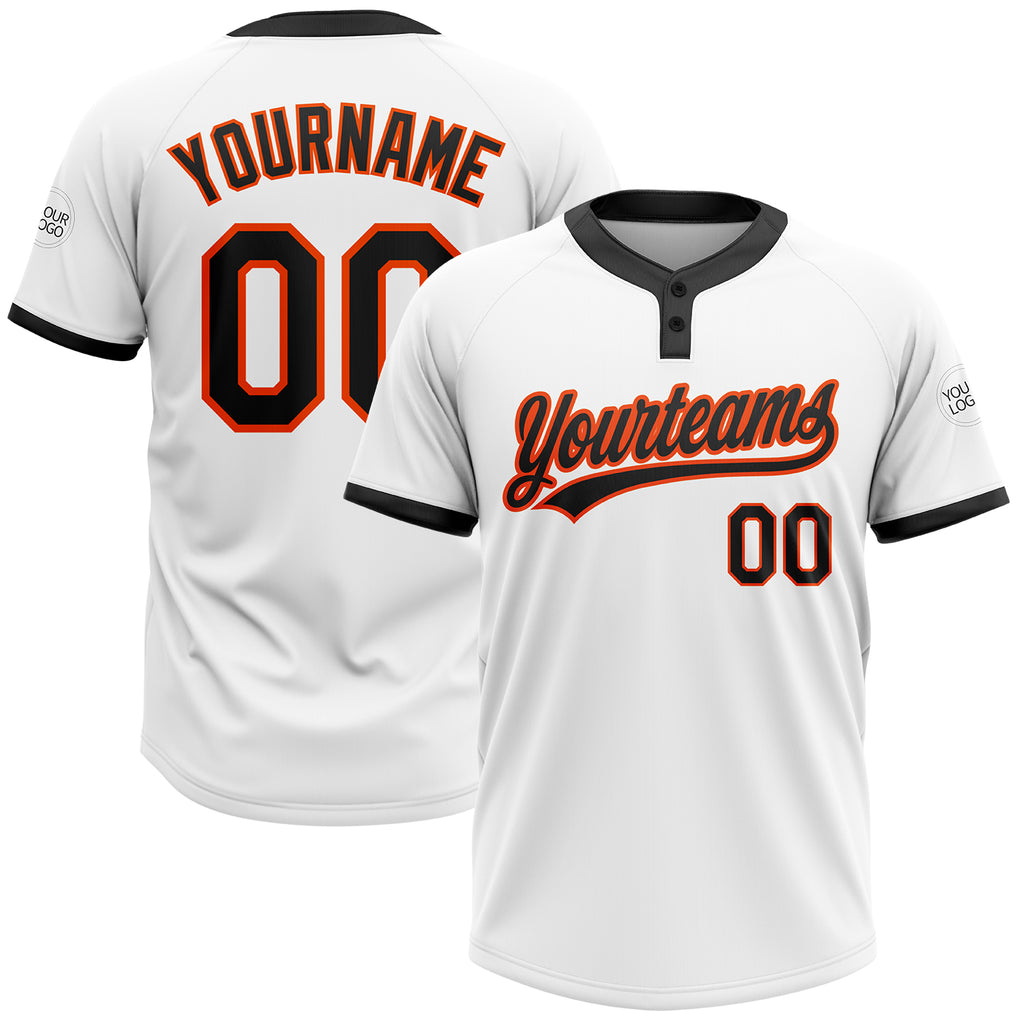 Custom White Black-Orange Two-Button Unisex Softball Jersey