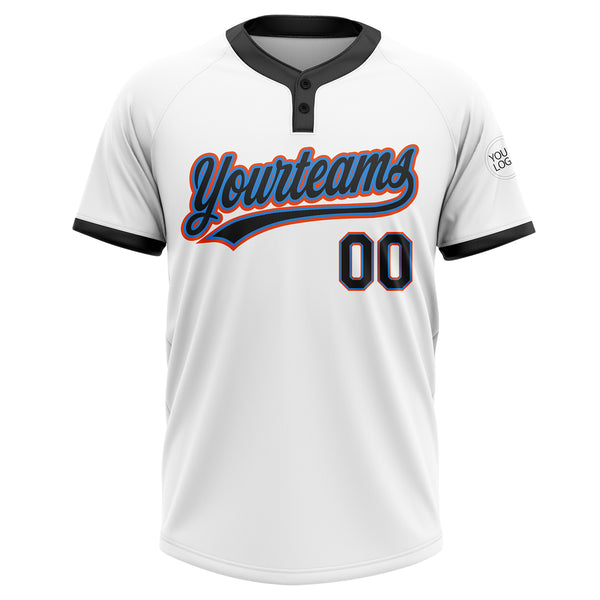 Custom White Black Powder Blue-Orange Two-Button Unisex Softball Jersey