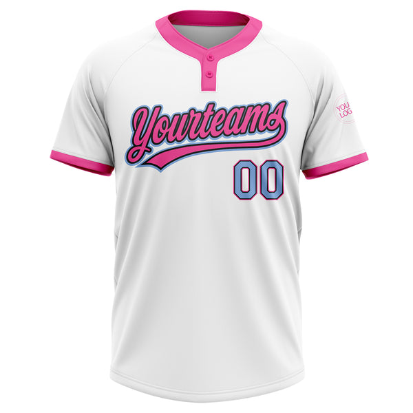 Custom White Light Blue Black-Pink Two-Button Unisex Softball Jersey