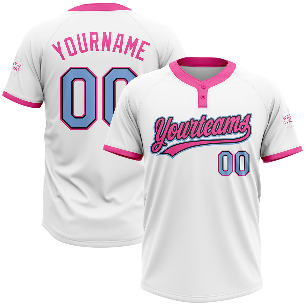 Custom White Light Blue Black-Pink Two-Button Unisex Softball Jersey