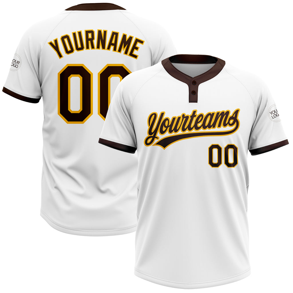 Custom White Brown-Gold Two-Button Unisex Softball Jersey