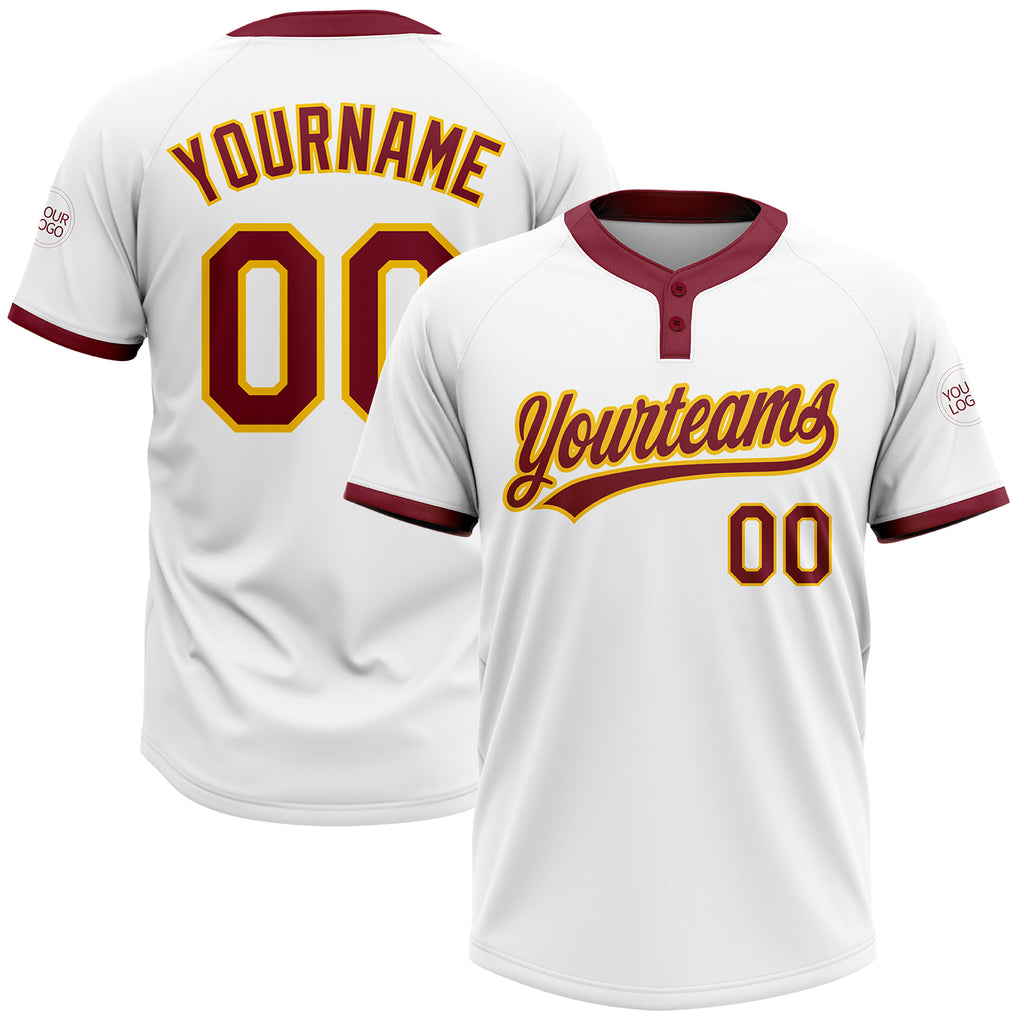 Custom White Crimson-Gold Two-Button Unisex Softball Jersey