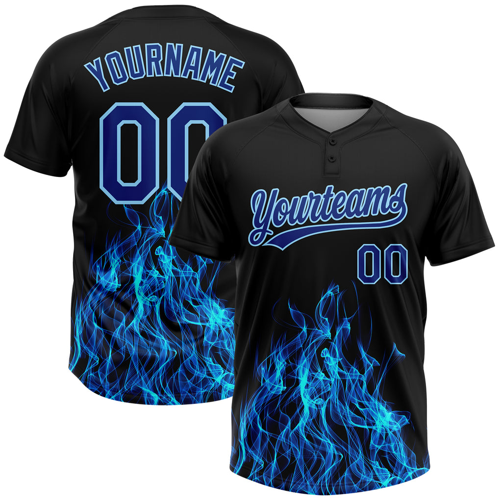 Custom Black Royal-Light Blue 3D Pattern Flame Two-Button Unisex Softball Jersey